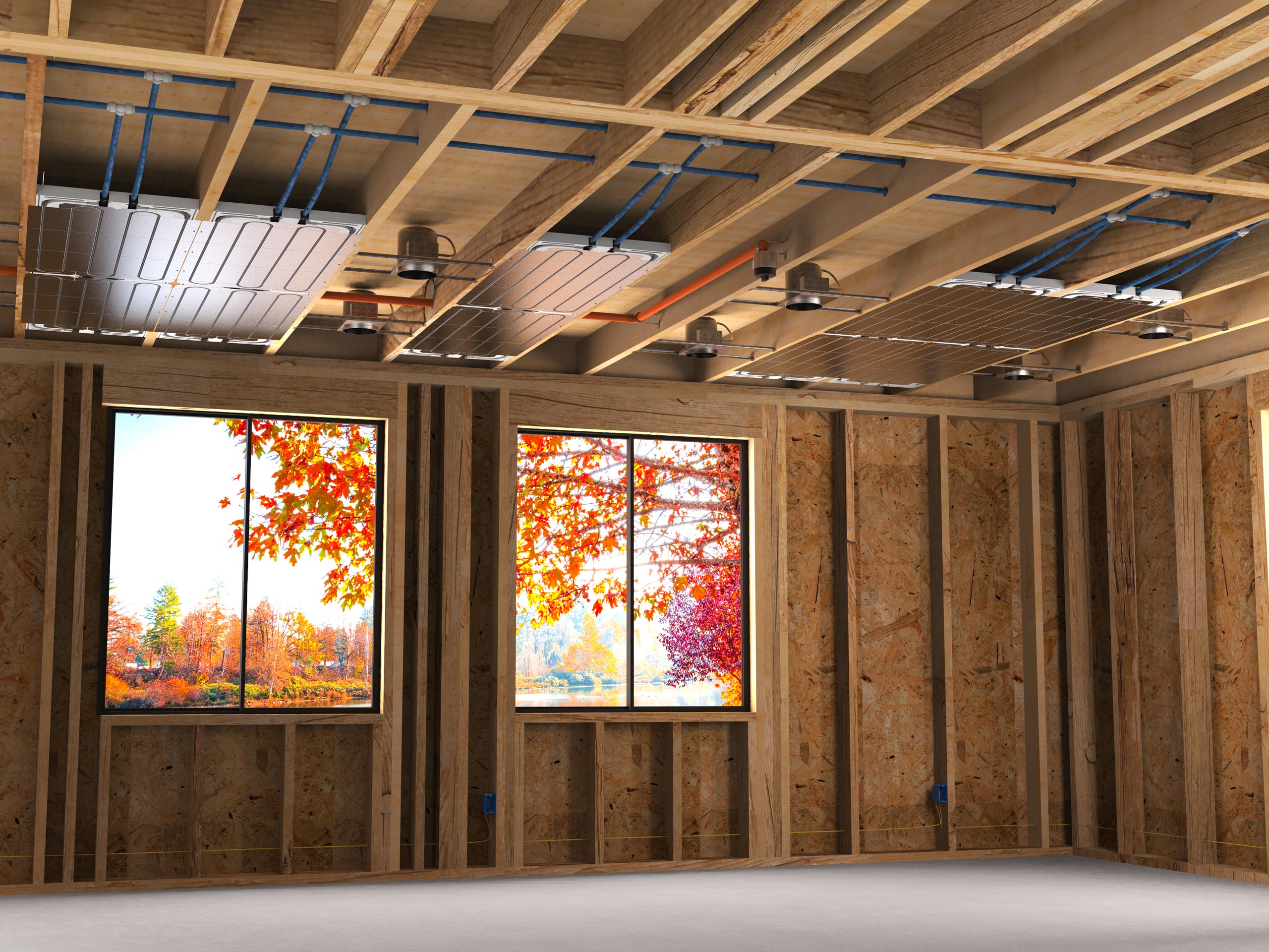 Ray Magic radiant ceiling panels installed within ceiling joists.