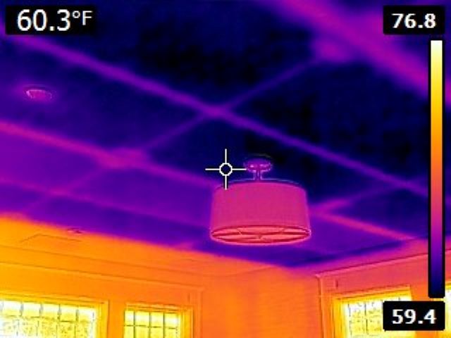 FLIR thermal image of radiant cooling with lighting fixtures installed.