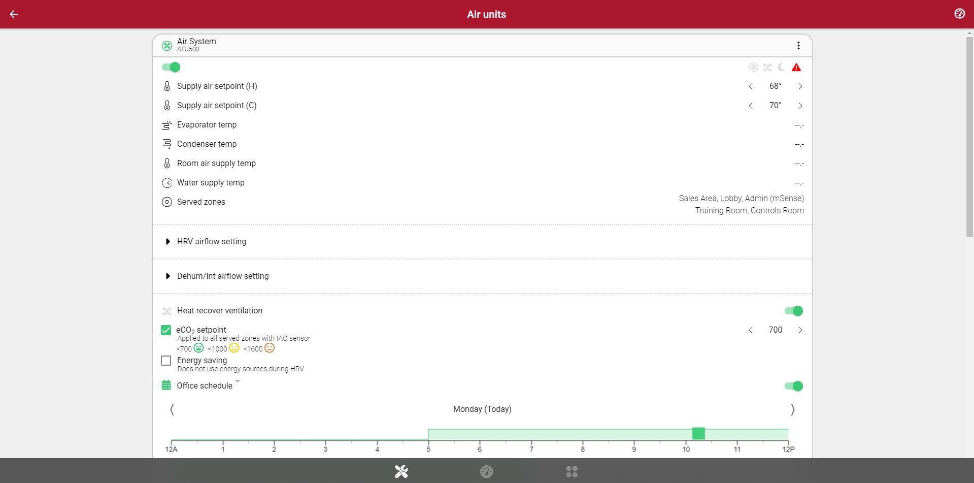 Messana App Air Unit Settings Page