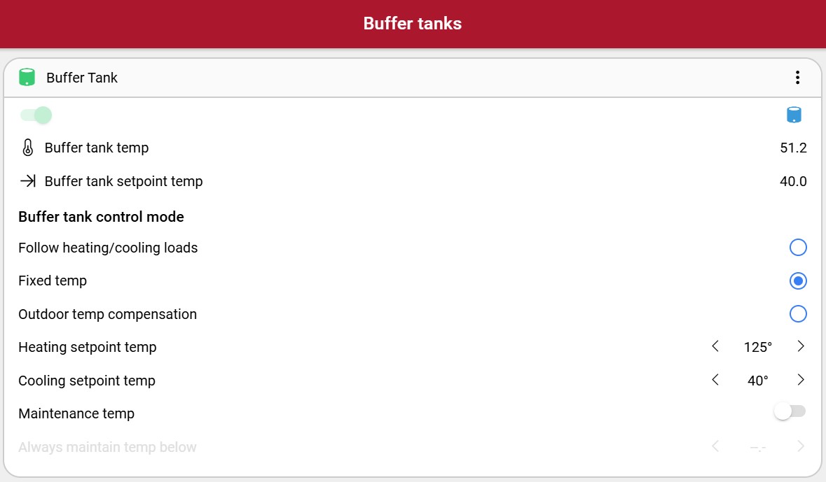 Buffer tank settings page in the Messana App for modern hydronic HVAC systems.